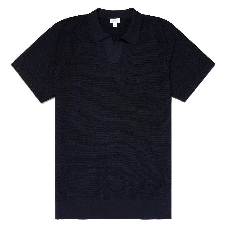 Sunspel Open Textured Polo Shirt Navy