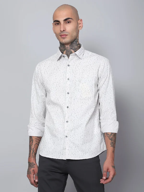 Men's Light Grey Casual Abstract Ditsy Print Full Sleeve Shirt