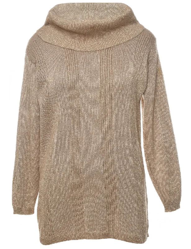 Lurex Thread Pattern Gold Sparkly Turtleneck Jumper - S