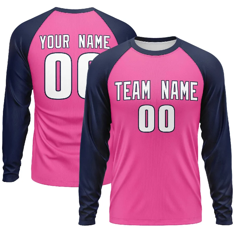 Custom Pink Navy Crew Neck Raglan Long Sleeve Performance T-Shirt