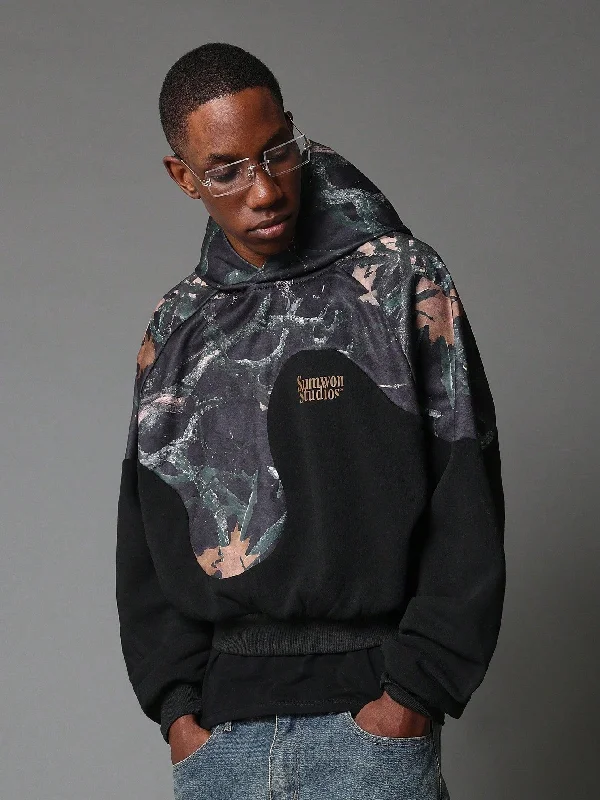 Regular Fit Overhead Camouflage Swirl Panel Hoodie With Graphic Print