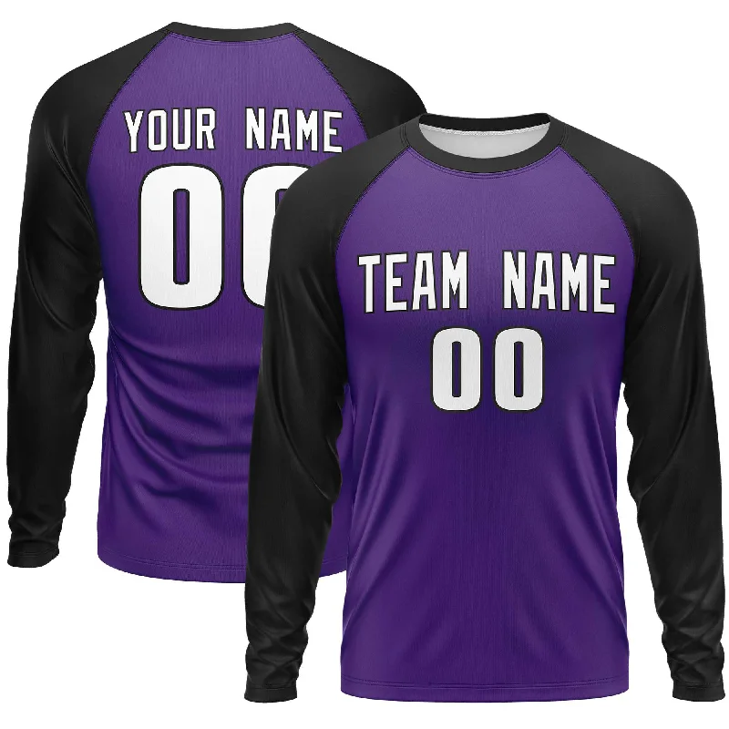 Custom Purple Black Crew Neck Raglan Long Sleeve Performance T-Shirt