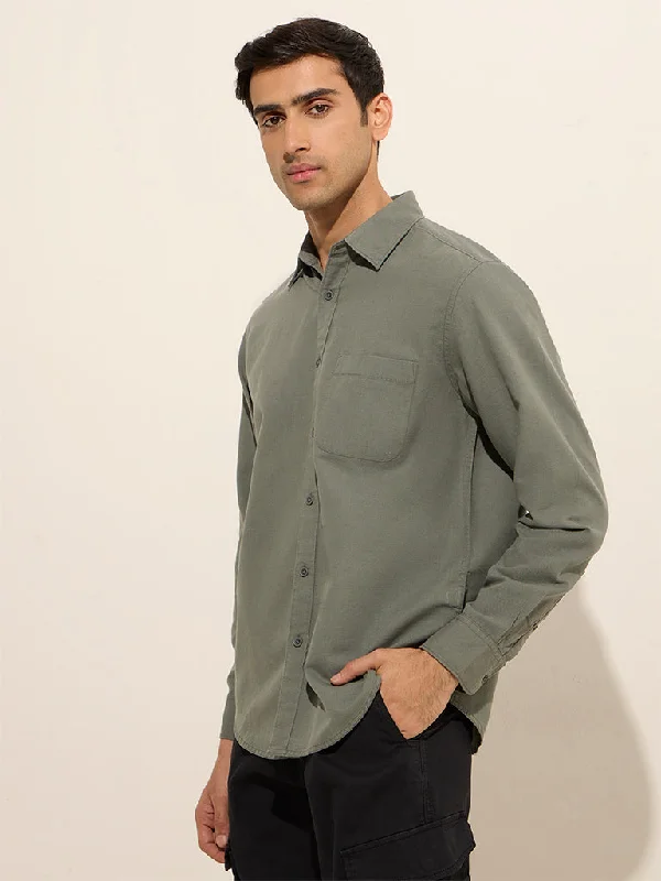 WES Casuals Olive Relaxed-Fit Linen-Blend Shirt