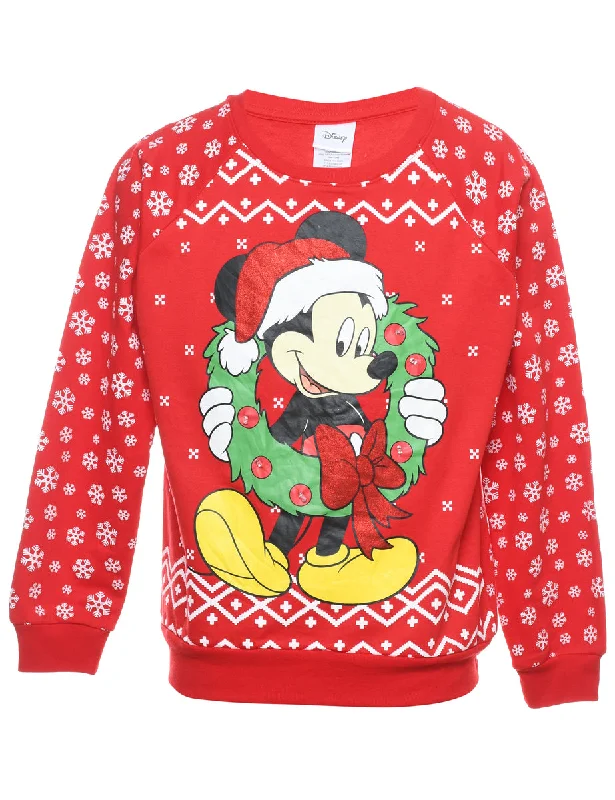 Mickey Mouse Cartoon Print Christmas Sweatshirt - M