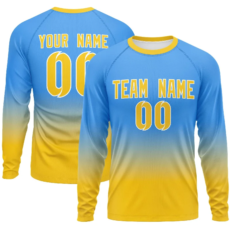 Custom Powder Blue-Gold Gradient Fashion Design Long Sleeve Performance T-Shirt