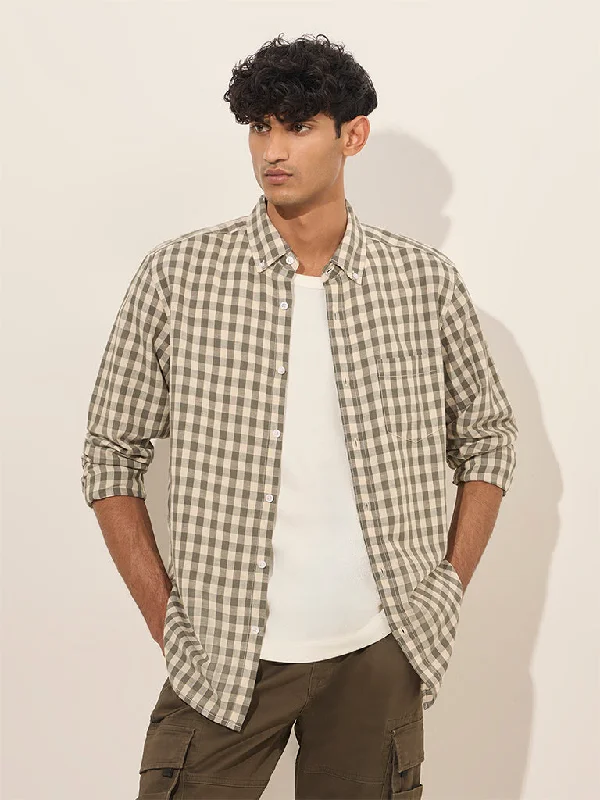 WES Casuals Olive Checks Design Relaxed-Fit Cotton Shirt