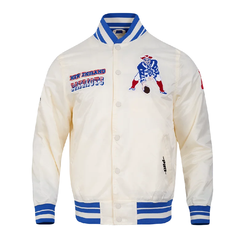 NFL NEW ENGLAND PATRIOTS RETRO CLASSIC MEN'S RIB SATIN JACKET (EGGSHELL/ ROYAL BLUE)