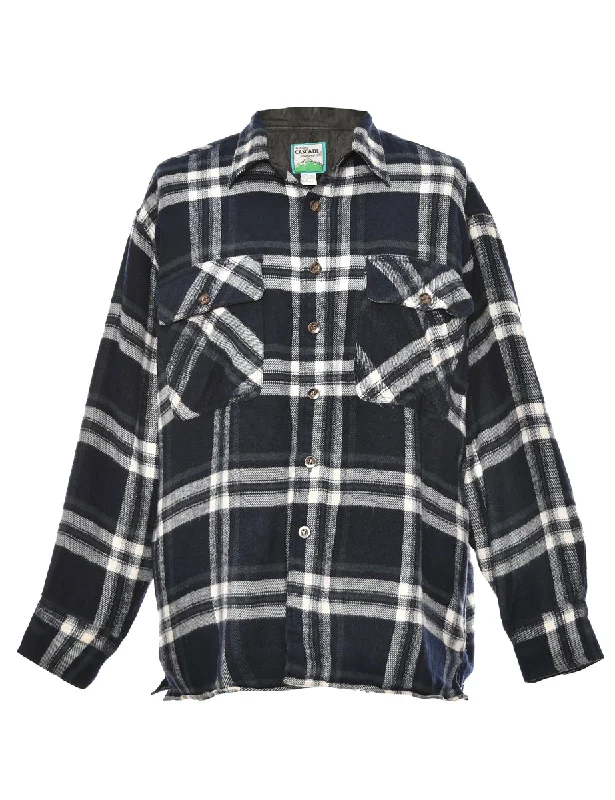 Long Sleeved Navy Checked Shirt - L