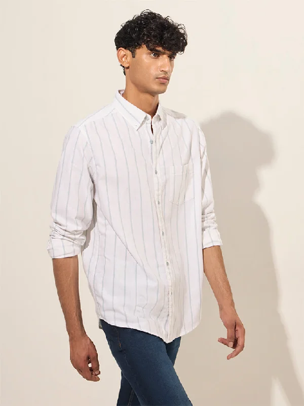 WES Casuals White Striped Relaxed-Fit Cotton Shirt