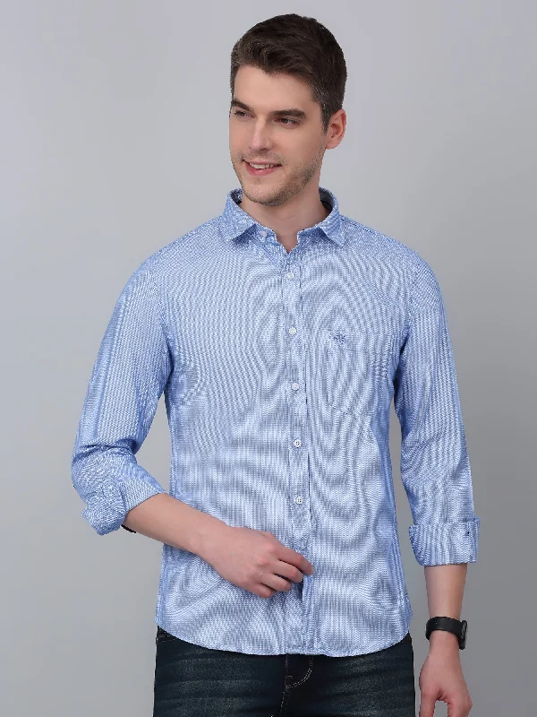 Men's Sky Blue Casual Self Textured Full Sleeve Shirt