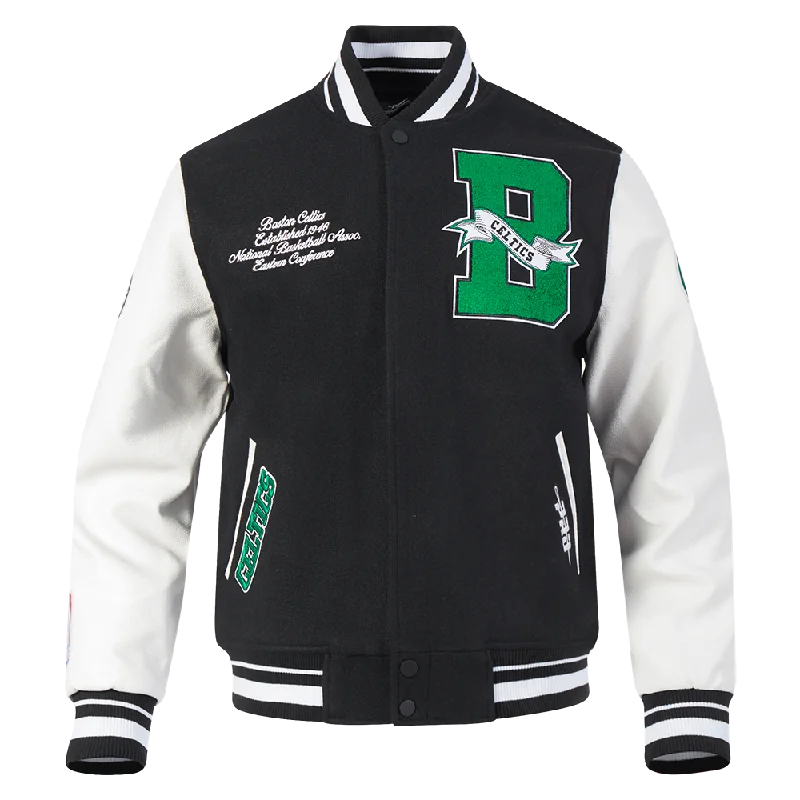 NBA BOSTON CELTICS TEAM PENNANTS MEN'S RIB WOOL VARSITY JACKET (BLACK/WHITE)