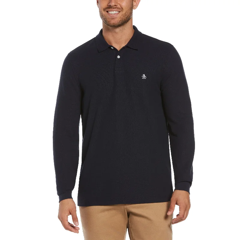 Long Sleeve Pique Polo - Dark Sapphire Blue