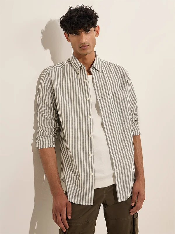 WES Casuals Sage Striped Relaxed-Fit Cotton Shirt