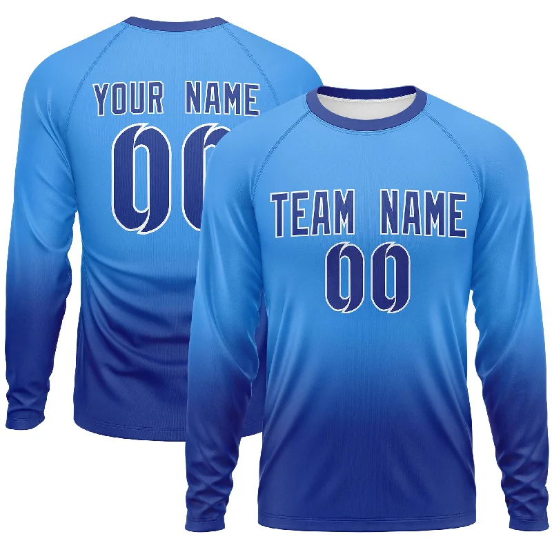 Custom Powder Blue-Royal Gradient Fashion Design Long Sleeve Performance T-Shirt