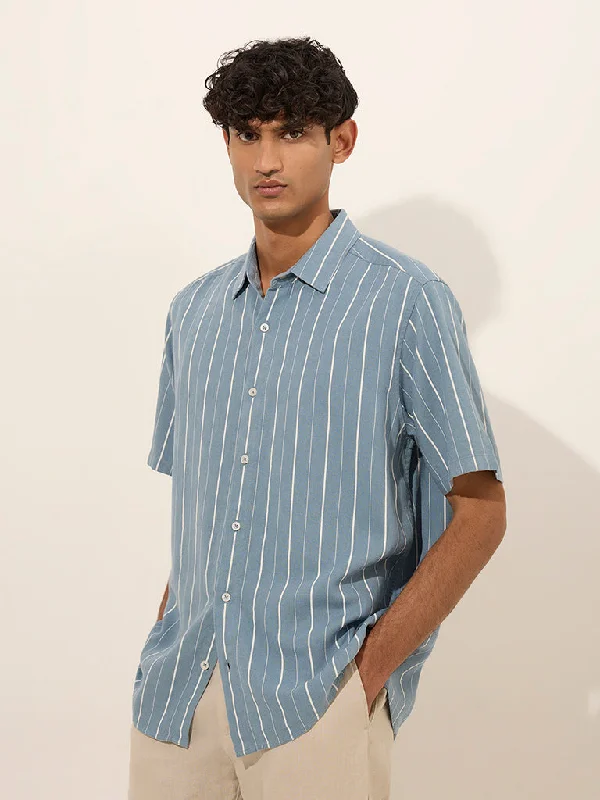 Ascot Light Blue Striped Relaxed-Fit Blended Linen Shirt