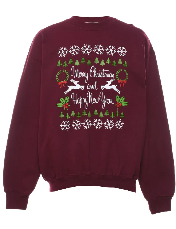 Maroon Printed Festive Season Christmas Sweatshirt - M