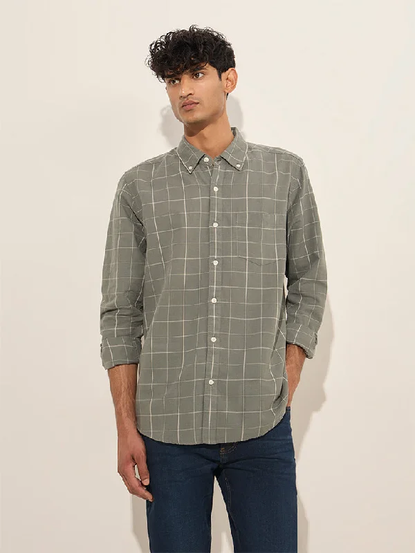 WES Casuals Olive Checkered Relaxed-Fit Cotton Shirt