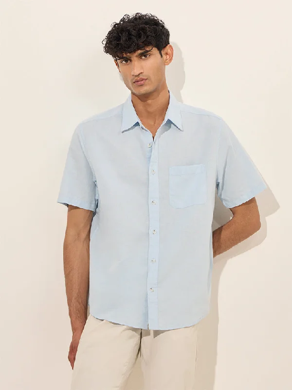 WES Casuals Light Blue Solid Relaxed-Fit Blended Linen Shirt