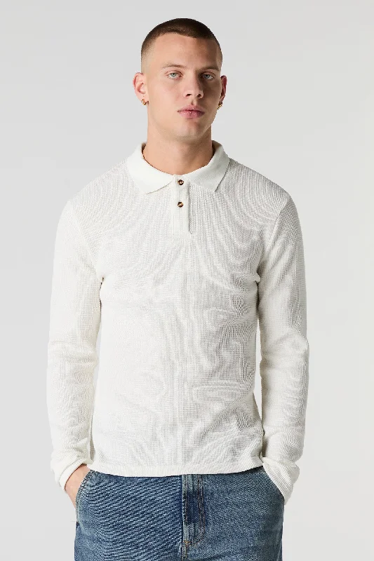 Waffle Knit Long Sleeve Polo Top