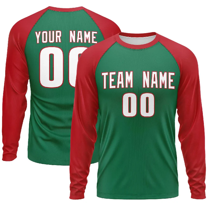 Custom Kelly Green Red Crew Neck Raglan Long Sleeve Performance T-Shirt