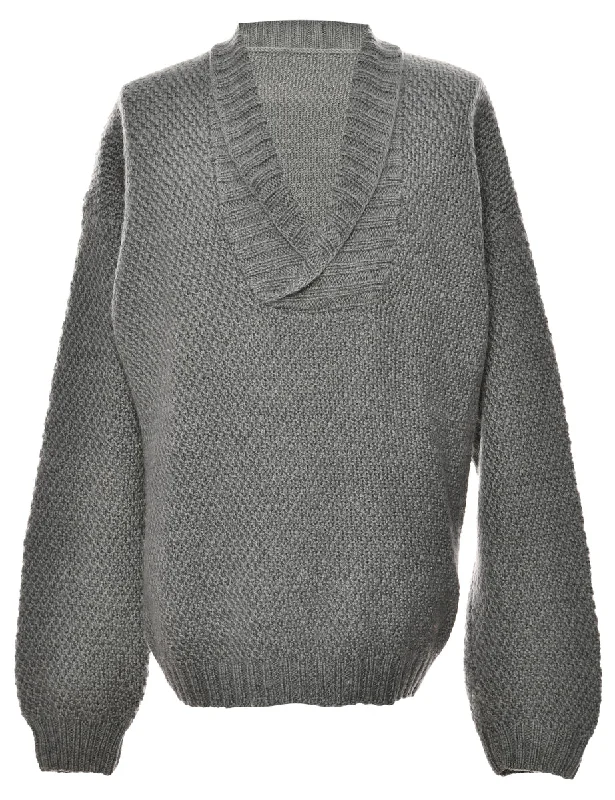 Long-Sleeved Grey Shawl Collar Jumper - L