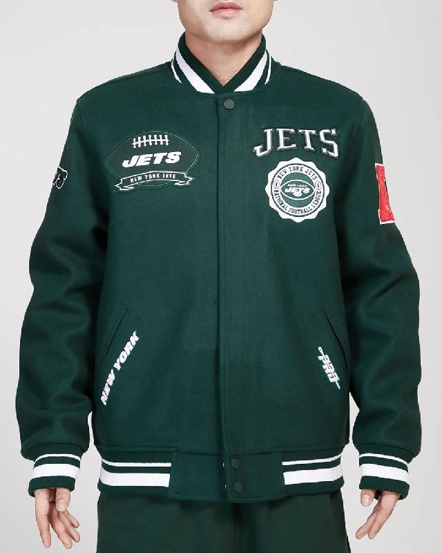 NFL NEW YORK JETS CREST EMBLEM MEN'S RIB WOOL VARSITY JACKET (FOREST GREEN)