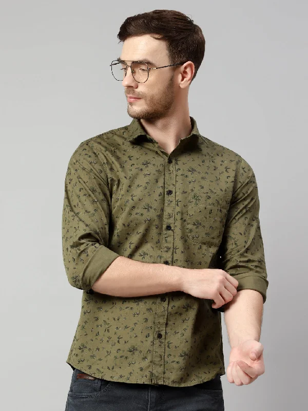 Men's Olive Green Casual Floral Print Full Sleeve Shirt