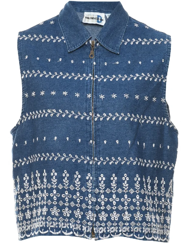 Medium Wash Denim Embroidered Waistcoat - M