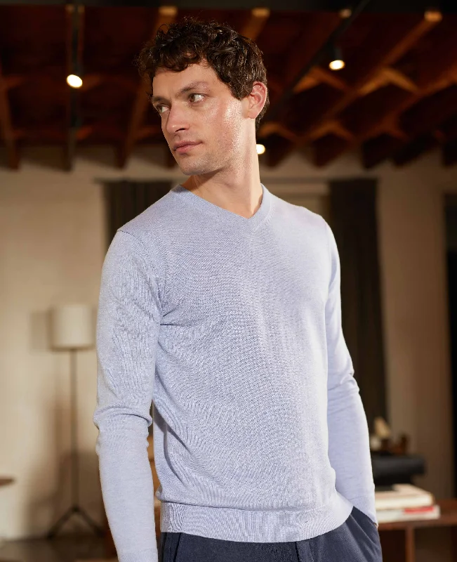 Light Blue Cotton-Blend V-Neck Jumper