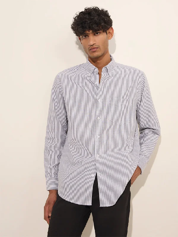 WES Casuals Grey Striped Relaxed-Fit Cotton Shirt