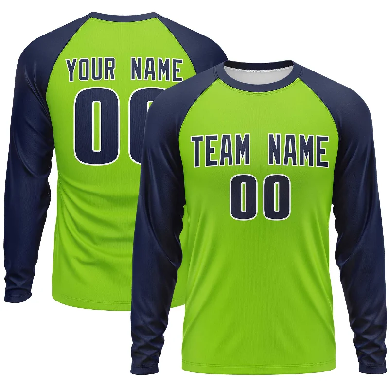 Custom Neon Green Navy Crew Neck Raglan Long Sleeve Performance T-Shirt