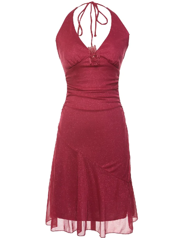 Maroon Sparkly Halterneck Evening Dress - M