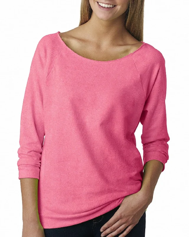 Next Level Ladies French Terry Raw-Edge 3/4-Sleeve Raglan Tee | Neon Hthr Pink