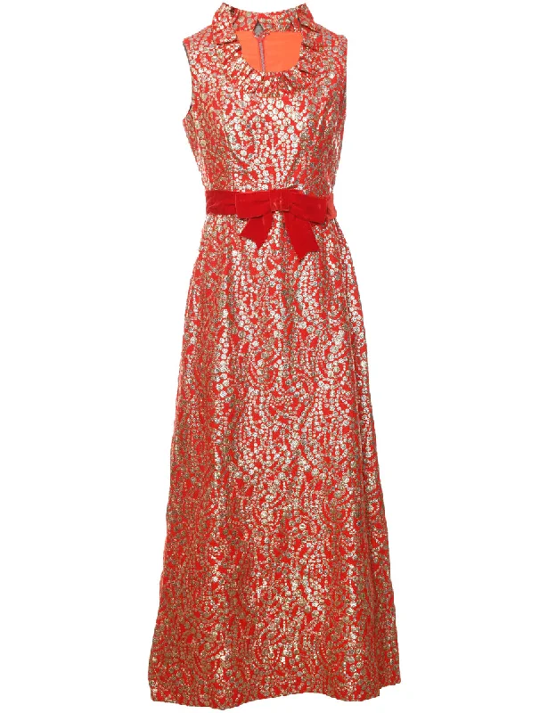 Lurex Thread Pattern Red & Silver 1970s Maxi Evening Dress - XS