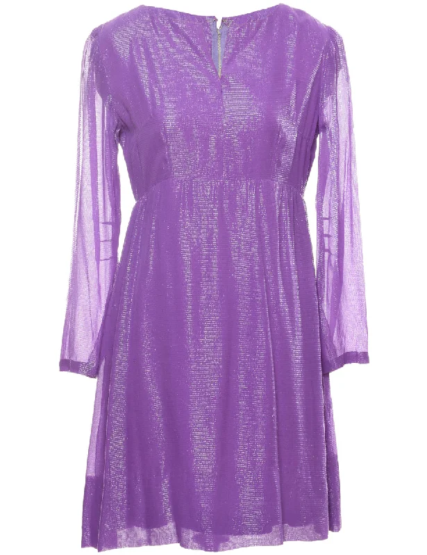 Lurex Thread Pattern Purple Metallic Sheer Evening Dress - M