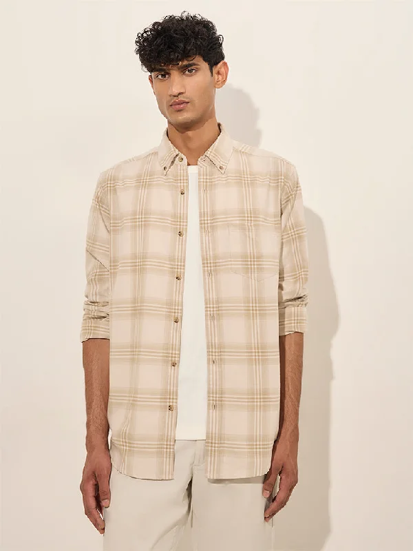 WES Casuals Beige Checks Printed Relaxed-Fit Cotton Shirt