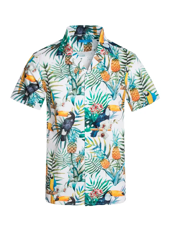 Tropical Print Cotton Stretch Shirt Floral with Parrots