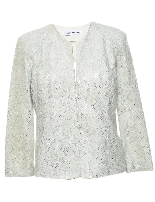 Lurex Thread Pattern White Lace Evening Jacket - M