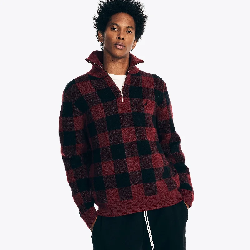 Nautica Mens Sustainably Crafted Buffalo Plaid Quarter-Zip Sweater