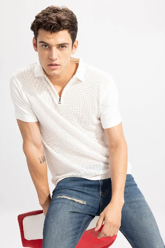 Mesh Knit White Polo T-Shirt