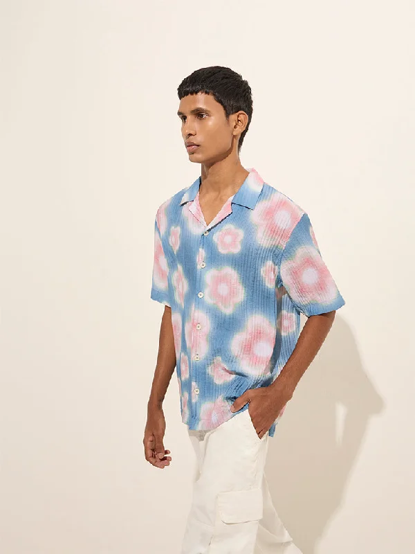 Nuon Blue Floral Printed Relaxed-Fit Shirt