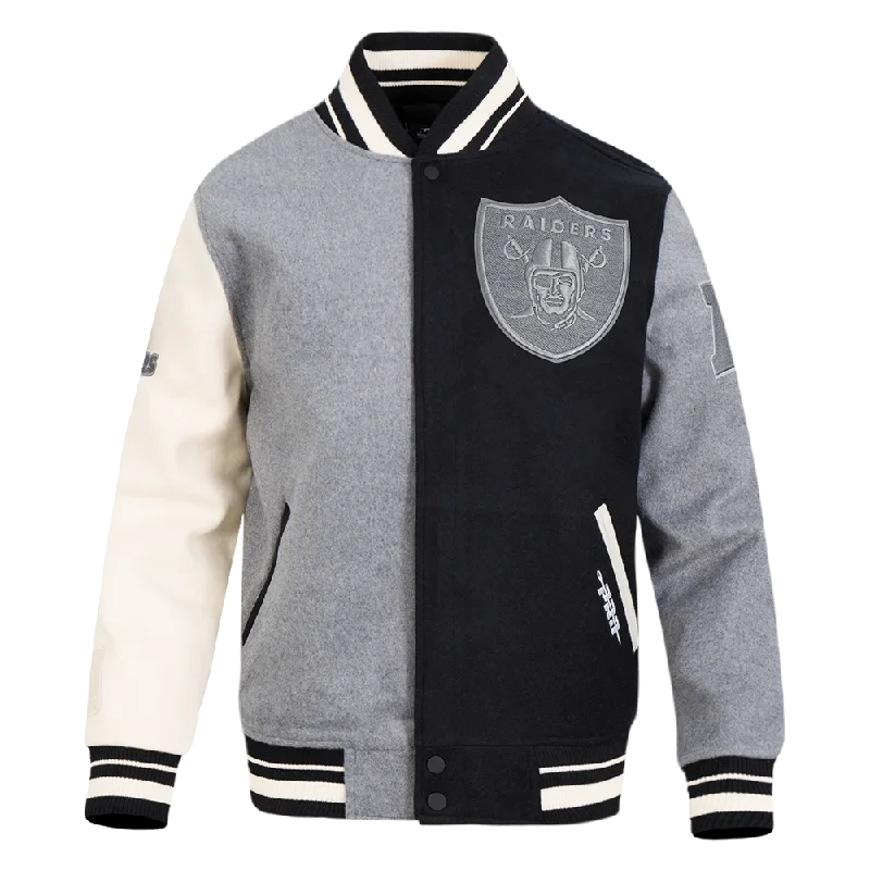 NFL LAS VEGAS RAIDERS REVERSE FRENCH TERRY MEN'S CB WOOL VARSITY JAC (BLACK/GRAY/EGGSHELL)