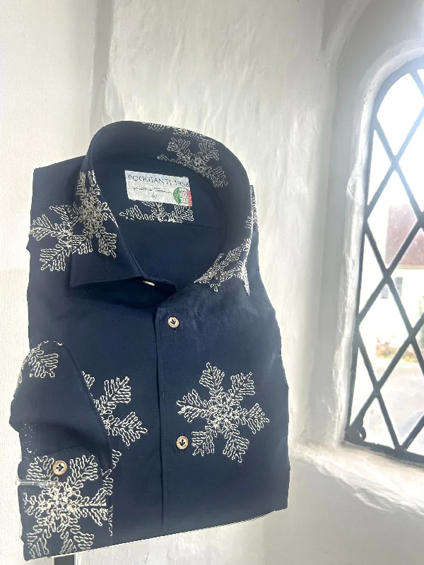 NAVY LONG SLEEVE SHIRT WITH SNOWFLAKE EMBROIDERY