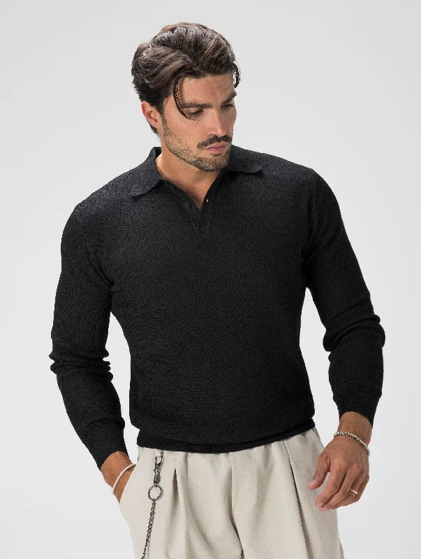 JIN KNITTED LONG SLEEVED POLO IN BLACK