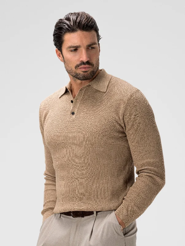 JIN KNITTED LONG SLEEVED POLO IN CAMEL