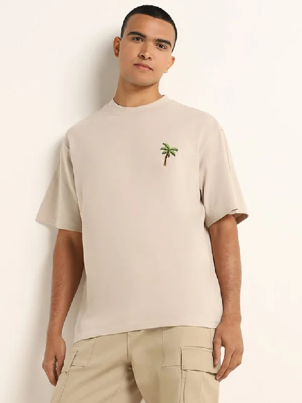 Nuon Beige Embroidered Cotton Relaxed Fit T-Shirt