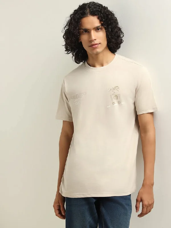 Nuon Beige Printed Cotton Relaxed Fit T-Shirt