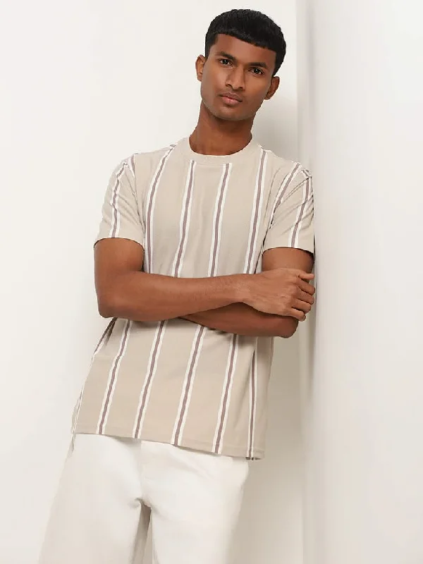 Nuon Beige Striped Cotton Blend Slim Fit T-Shirt