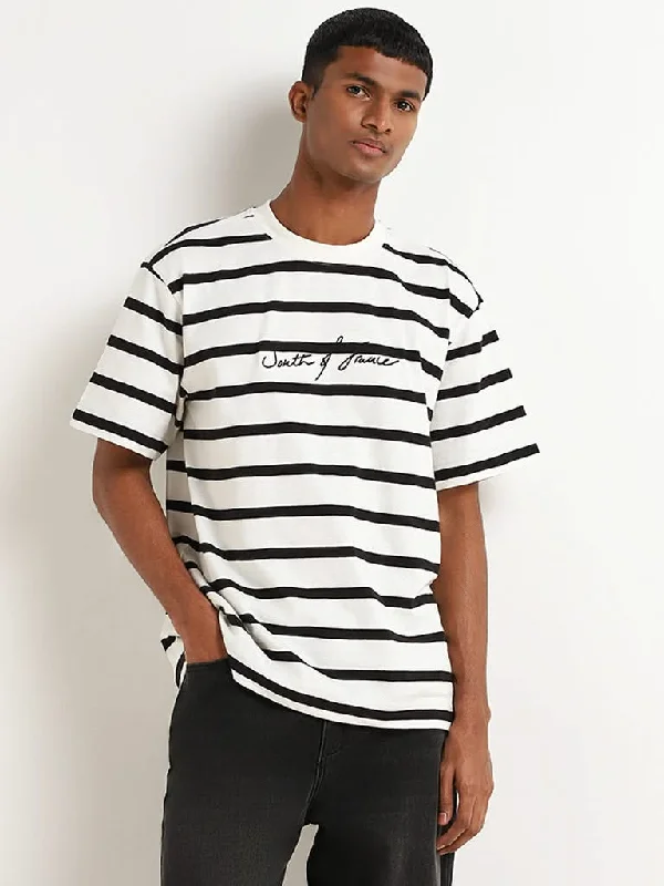 Nuon Black Monochrome Striped Cotton Relaxed Fit T-Shirt