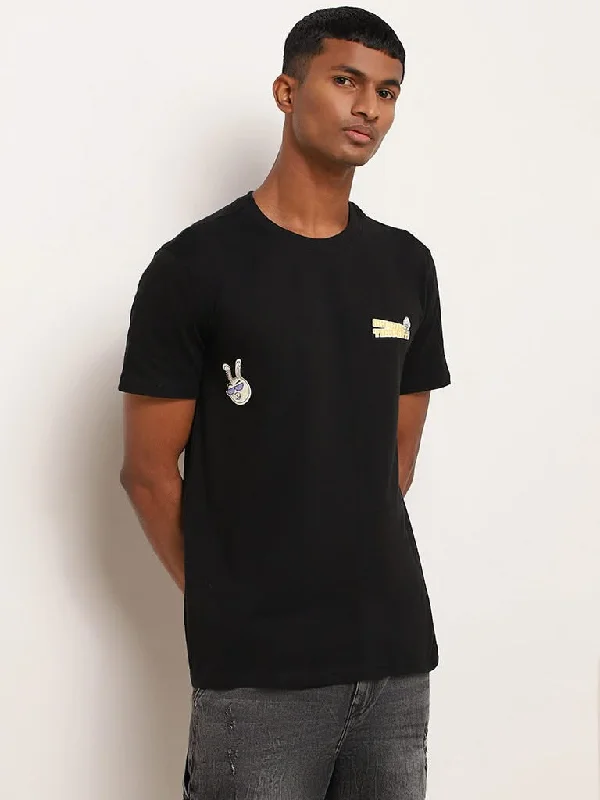 Nuon Black Printed Cotton Slim-Fit T-Shirt